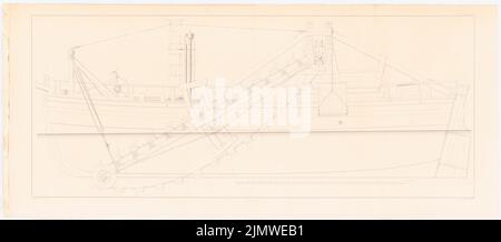 Unbekannter Autor, Dampfbagger für die Vertiefung der Fahrrinne in Stralsund (1834): Blick auf den Baggerkahn (aus: Bau des preußischen Staates, Vol. 1, Bl. L 63, S. Stich auf Papier, 28,6 x 65,1 cm (inklusive Scankanten) unbek. Verfasser : Dampfmaschinen-Bagger für die Versteifung des Fahrwassers bei Stralsund. (Aus: Bauausführungen des preußischen Staates, Bd. 1) Stockfoto