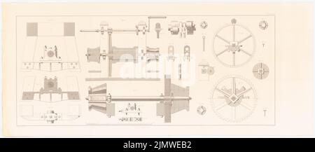 Unbekannter Autor, Dampfbagger zur Vertiefung der Fahrrinne in Stralsund (1834): Details zum Bagger (aus: Bau des preußischen Staates, Vol. 1, Bl. L 67, S. Stich auf Papier, 28,4 x 65,1 cm (inklusive Scankanten) unbek. Verfasser : Dampfmaschinen-Bagger für die Versteifung des Fahrwassers bei Stralsund. (Aus: Bauausführungen des preußischen Staates, Bd. 1) Stockfoto