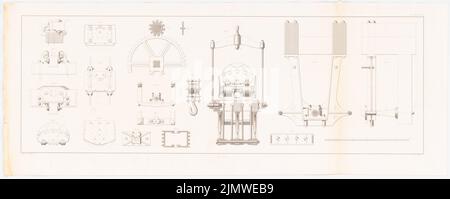 Unbekannter Autor, Dampfbagger zur Vertiefung der Fahrrinne in Stralsund (1834): Details zum Bagger (aus: Bau des preußischen Staates, Vol. 1, Bl. L 69, S. Stich auf Papier, 28,4 x 71,5 cm (inklusive Scankanten) unbek. Verfasser : Dampfmaschinen-Bagger für die Versteifung des Fahrwassers bei Stralsund. (Aus: Bauausführungen des preußischen Staates, Bd. 1) Stockfoto