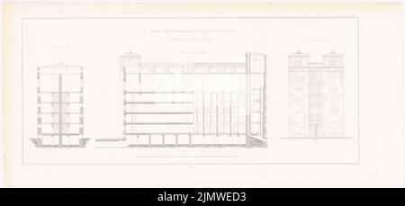 Oberbau Deputation, Gefängnis Halle/Saale (1836-1836): Gefängnishaus: Querschnitt, Längsschnitt, Seitenansicht (aus: Bau des preußischen Staates, Bd. 2, Bl. L 53, S. Stich auf Papier, 27,7 x 59,6 cm (inklusive Scankanten) Oberbaudeputation : Gängnis, Halle/Saale. (Aus: Bauausführungen des preußischen Staates, Bd. 2) Stockfoto