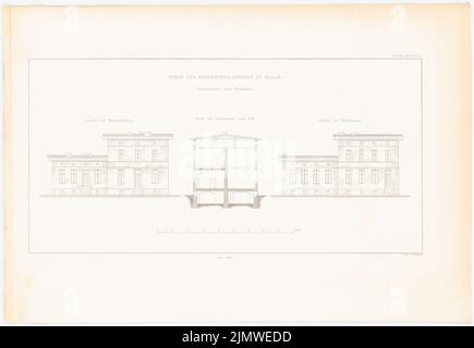 Oberbau Deputation, Gefängnis Halle/Saale (1836-1836): Krankenhaus: Ansicht, Waschhaus: Ansicht, Querschnitt (aus: Bau des preußischen Staates, Bd. 2, Bl. L 55, S. Stich auf Papier, 36,6 x 53,2 cm (inklusive Scankanten) Oberbaudeputation : Gängnis, Halle/Saale. (Aus: Bauausführungen des preußischen Staates, Bd. 2) Stockfoto
