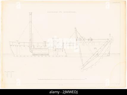 Unbekannter Autor, Dampfmaschinenbagger (ohne Datum): Längsschnitt (aus: Bau des preußischen Staates, Vol. 2, Bl. L 41, S. Stich auf Papier, 39,5 x 56,1 cm (inklusive Scankanten) unbek. Verfasser : Dampfmaschinenbagger. (Aus: Bauausführungen des preußischen Staates, Bd. 2) Stockfoto