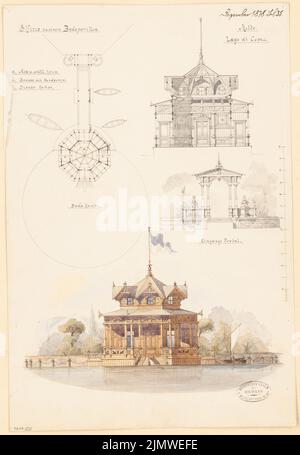 Unbekannter Architekt, Badesystem. Monatlicher Wettbewerb Dezember 1878 (12,1878): Grundriß, Navigator, Meerblick, Eingangsportal, Querschnitt; Skalenbalken. Tusche Aquarell auf der Schachtel, 48,6 x 33,5 cm (einschließlich Scankanten) N.N. : Badeanlage. Monatskurrenz Dezember 1878 Stockfoto