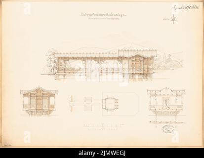 Unbekannter Architekt, Badesystem. Monatlicher Wettbewerb 1878. Dezember (12,1878): Grundriß, Schiffsansicht, Seitenansicht, Querschnitt; Streifen im Maßstab 2. Tusche Aquarell auf der Schachtel, 42,5 x 58,5 cm (einschließlich Scankanten) N.N. : Badeanlage. Monatskurrenz Dezember 1878 Stockfoto