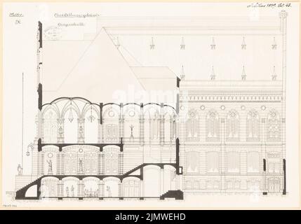 Unbekannter Architekt, Ausstellungsgebäude. Monatlicher Wettbewerb 1879. Februar (02,1879): Längsschnitt mit umrissiger Seitenflügel-Farm-Ansicht; Skalenbalken. Tusche Aquarell auf Papier, 33,6 x 48,1 cm (einschließlich Scankanten) N.N. : Ausstellungsgebäude. Monatskurrenz Februar 1879 Stockfoto