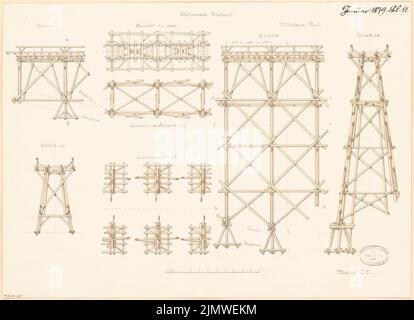 Unbekannter Architekt, Holzviadukt. Monatlicher Wettbewerb Januar 1879 (01,1879): Konstruktionsdetails; Maßstab. Tusche Aquarell auf der Schachtel, 34,8 x 48 cm (einschließlich Scankanten) N.N. : Hölzerner Viadukt. Monatskurrenz Januar 1879 Stockfoto