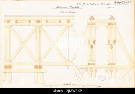 Unbekannter Architekt, Holzviadukt. Monatlicher Wettbewerb Januar 1879 (01,1879): Baudetails 1:20; Maßstab bar. Tusche Aquarell auf der Schachtel, 44 x 67 cm (einschließlich Scankanten) N.N. : Hölzerner Viadukt. Monatskurrenz Januar 1879 Stockfoto