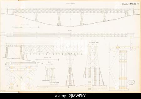 Unbekannter Architekt, Holzviadukt. Monatlicher Wettbewerb Januar 1879 (01,1879): Grundriss auf 4 Ebenen, reißende Seitenansicht 1: 250, Längsschnitt, Querschnitt 1: 100, Details; Streifen im Maßstab 3. Tusche Aquarell auf der Schachtel, 44,4 x 67 cm (einschließlich Scankanten) N.N. : Hölzerner Viadukt. Monatskurrenz Januar 1879 Stockfoto