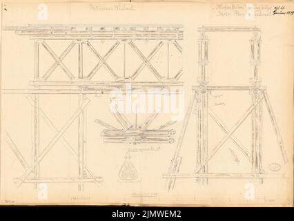 Unbekannter Architekt, Holzviadukt. Monatlicher Wettbewerb Januar 1879 (01,1879): Baudetails 1:20; Maßstab bar. Bleistift auf Karton, ergänzt mit Buntstift, 58,8 x 83,4 cm (inklusive Scankanten) N.N. : Hölzerner Viadukt. Monatskurrenz Januar 1879 Stockfoto