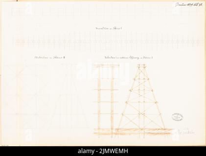 Unbekannter Architekt, Holzviadukt. Monatlicher Wettbewerb Januar 1879 (01,1879): 2 Grundrisse, Längsschnitt und 3 Querschnitte (2 Varianten); 2 Maßstabsstreifen. Bleistift-Aquarell auf der Schachtel, 45,4 x 63,6 cm (einschließlich Scankanten) N.N. : Hölzerner Viadukt. Monatskurrenz Januar 1879 Stockfoto