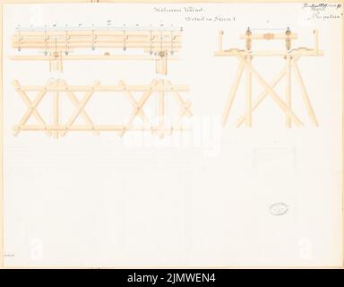 Unbekannter Architekt, Holzviadukt. Monatlicher Wettbewerb Januar 1879 (01,1879): Konstruktionsdetails für 2 Varianten; Massstab. Bleistift-Aquarell auf der Schachtel, 50,6 x 64,8 cm (einschließlich Scankanten) N.N. : Hölzerner Viadukt. Monatskurrenz Januar 1879 Stockfoto