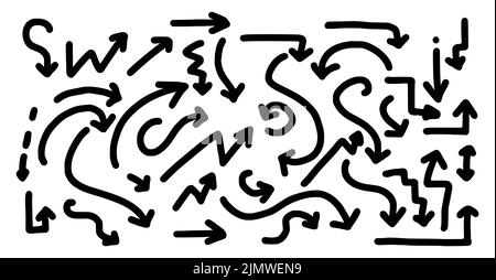 Vektor-Satz von Doodle-Stil Pfeile isoliert auf weißem Hintergrund. Glyphen-Vektor-Illustration von handgezeichneten Pfeilen. Richtungspfeil Stockfoto