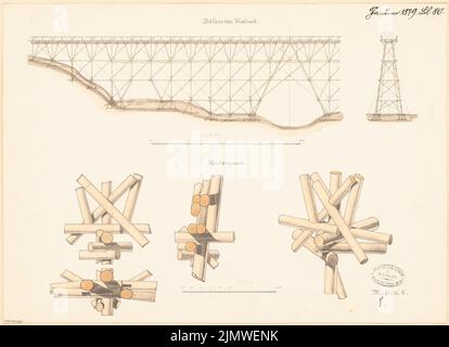 Unbekannter Architekt, Holzviadukt. Monatlicher Wettbewerb im Januar 1879 (01,1879): Obere Seitenansicht, Querschnitt 1: 250, Designdetails; Streifen im Maßstab 2. Tusche Aquarell auf der Schachtel, 34,8 x 48 cm (einschließlich Scankanten) N.N. : Hölzerner Viadukt. Monatskurrenz Januar 1879 Stockfoto