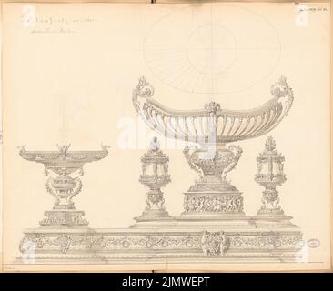 Unbekannter Architekt, Tabellenanlage. Monatlicher Wettbewerb Januar 1879 (01,1879): Ansicht Mittelstez. Tusche Aquarell auf der Schachtel, mit Bleistift ergänzt, 76,4 x 93,1 cm (inklusive Scankanten) N.N. : Tafelaufsatz. Monatskurrenz Januar 1879 Stockfoto