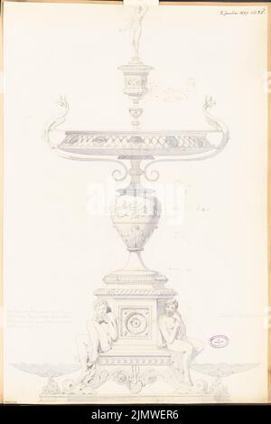 Unbekannter Architekt, Tabellenanlage. Monatlicher Wettbewerb Januar 1879 (01,1879): Ansicht Mittelstezen; Erklärungstext. Bleistift-Aquarell auf der Schachtel, 77,3 x 51,7 cm (einschließlich Scankanten) N.N. : Tafelaufsatz. Monatskurrenz Januar 1879 Stockfoto