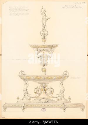 Unbekannter Architekt, Tabellenanlage. Monatlicher Wettbewerb Januar 1879 (01,1879): Ansicht Mittelstezen; Erklärungstext. Tusche Aquarell auf der Schachtel, 93,2 x 68,8 cm (einschließlich Scankanten) N.N. : Tafelaufsatz. Monatskurrenz Januar 1879 Stockfoto