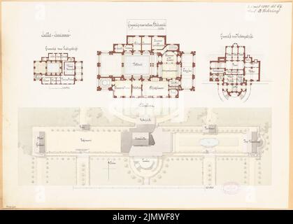 Sehring Bernhard (1855-1941), Villa. Monatlicher Wettbewerb April 1880 (04,1880): Lageplan, Grundriß Keller, Obergeschoss, Dachboden; Streifen im Maßstab 3. Tusche Aquarell auf der Schachtel, 41,1 x 57,3 cm (inklusive Scan-Kanten) Sehring Bernhard (1855-1941): Villa. Monatskurrenz April 1880 Stockfoto