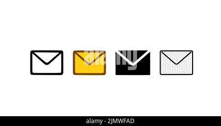 Kuvertsymbol in verschiedenen Stilen eingestellt. Vektorgrafik für Nachrichten oder E-Mail-Symbole auf weißem Hintergrund isoliert. Stockfoto