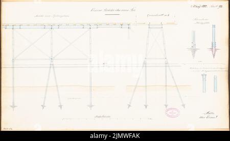 Unbekannter Architekt, Brücke über einen See. Monatlicher Wettbewerb 1880. März (03,1880): Längsschnitt, Querschnitt 1:50; Details 1:20; Streifen im Maßstab 2. Tusche Aquarell auf der Schachtel, 33,7 x 59,1 cm (einschließlich Scankanten) N.N. : Brücke über einen See. Monatskurrenz März 1880 Stockfoto