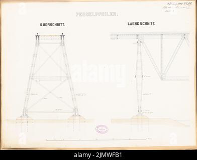Unbekannter Architekt, Brücke über einen See. Monatlicher Wettbewerb März 1880 (03,1880): Riss-Queransicht und Seitenansicht einer Säule; Skalenbalken. Tusche Aquarell auf der Schachtel, 45,1 x 58,9 cm (einschließlich Scankanten) N.N. : Brücke über einen See. Monatskurrenz März 1880 Stockfoto