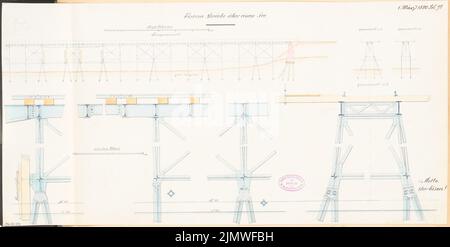 Unbekannter Architekt, Brücke über einen See. Monatlicher Wettbewerb März 1880 (03,1880): Längsschnitt, 2 Querschnitte 1: 200; Details 1:20; Streifen im Maßstab 2. Tusche Aquarell auf der Schachtel, 33 x 65,6 cm (einschließlich Scankanten) N.N. : Brücke über einen See. Monatskurrenz März 1880 Stockfoto