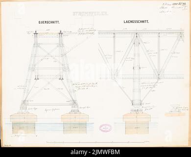 Unbekannter Architekt, Brücke über einen See. Monatlicher Wettbewerb März 1880 (03,1880): Riss-Querschnitt und Längsschnitt einer Säule; Skalenbalken. Tusche Aquarell auf der Schachtel, 44,5 x 57,9 cm (einschließlich Scankanten) N.N. : Brücke über einen See. Monatskurrenz März 1880 Stockfoto