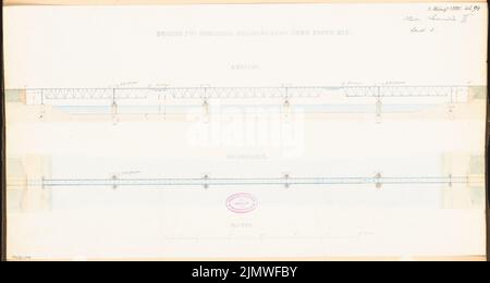 Unbekannter Architekt, Brücke über einen See. Monatlicher Wettbewerb 1880. März (03,1880): Grundriß, aufrechte Seitenansicht 1: 250; Maßstabsbalken. Tusche Aquarell auf der Schachtel, 31,9 x 59,9 cm (einschließlich Scankanten) N.N. : Brücke über einen See. Monatskurrenz März 1880 Stockfoto