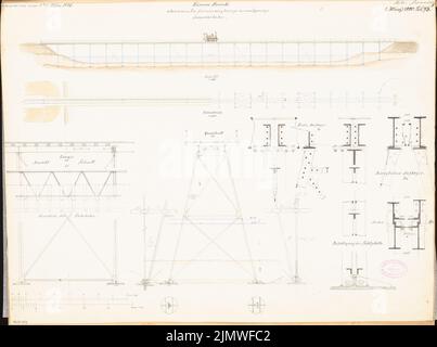 Unbekannter Architekt, Brücke über einen See. Monatlicher Wettbewerb 1880. März (03,1880): Grundriss (verschiedene Ebenen), reißende Seitenansicht 1: 300; Längsschnitt, Querschnitt 1:50; Details 1:10; Streifen im Maßstab 2. Tusche Aquarell auf der Schachtel, 44 x 59,1 cm (einschließlich Scankanten) N.N. : Brücke über einen See. Monatskurrenz März 1880 Stockfoto