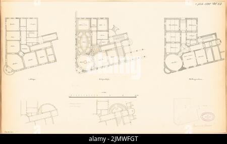 Unbekannter Architekt, Wohnhaus in Eberswalde. Monatlicher Wettbewerb Juli 1880 (07,1880): Grundriß Keller, Erdgeschoss, Dachgeschoss 1: 150; Skizzendach Überwachung; 2 andere Varianten der Treppe; Maßstab bar. Tinte und Bleistift Aquarell auf der Schachtel, 36,5 x 62 cm (einschließlich Scankanten) N.N. : Wohnhaus, Eberswalde. Monatskurrenz Juli 1880 Stockfoto