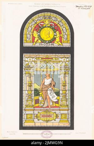 Stöckhardt Heinrich (1842-1920), Fenster für das Haus des Architektenvereins in Berlin. Monatlicher Wettbewerb Januar 1881 (Wettbewerb 2.) (01,1881): Ansicht (siehe Handzeichnung MK 54-051). Lithographie farbig, 46,2 x 31,1 cm (inklusive Scan-Kanten) Stöckhardt Heinrich (1842-1920): Fenster für das Haus des Architekten-Vereins zu Berlin. Monatskurrenz Januar 1881 (2. Wettbewerb) Stockfoto