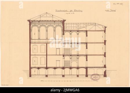 Unbekannter Architekt, Junge Schule in Eilenburg. Monatlicher Wettbewerb 1881. Juni (06,1881): Längsschnitt; Skalenbalken. Tusche Aquarell auf der Schachtel, 32,3 x 48,2 cm (einschließlich Scankanten) N.N. : Knabenschule, Eilenburg. Monatskurrenz Juni 1881 Stockfoto