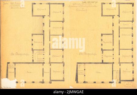 Unbekannter Architekt, Junge Schule in Eilenburg. Monatlicher Wettbewerb 1881. Juni (06,1881): Grundriß 1. und 2.. Tusche Aquarell auf transparent, 29,5 x 45,7 cm (inklusive Scankanten) N.N. : Knabenschule, Eilenburg. Monatskurrenz Juni 1881 Stockfoto