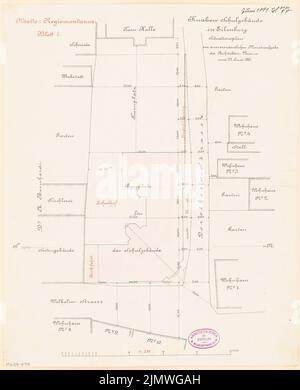 Unbekannter Architekt, Junge Schule in Eilenburg. Monatlicher Wettbewerb 1881. Juni (06,1881): Lageplan; Skalenbalken. Tintenüberdruck auf Karton, 44,7 x 36,2 cm (einschließlich Scankanten) N.N. : Knabenschule, Eilenburg. Monatskurrenz Juni 1881 Stockfoto