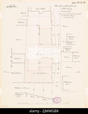 Unbekannter Architekt, Junge Schule in Eilenburg. Monatlicher Wettbewerb 1881. Juni (06,1881): Lageplan; Skalenbalken. Tintenüberdruck auf Karton, 44,8 x 36,5 cm (einschließlich Scankanten) N.N. : Knabenschule, Eilenburg. Monatskurrenz Juni 1881 Stockfoto