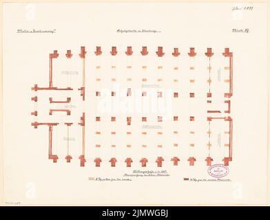 Unbekannter Architekt, Junge Schule in Eilenburg. Monatlicher Wettbewerb 1881. Juni (06,1881): Grundriss Keller 1: 100. Bleistift-Aquarell auf der Schachtel, 37,2 x 48,6 cm (einschließlich Scankanten) N.N. : Knabenschule, Eilenburg. Monatskurrenz Juni 1881 Stockfoto