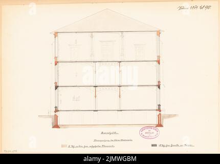 Unbekannter Architekt, Junge Schule in Eilenburg. Monatlicher Wettbewerb 1881. Juni (06,1881): Querschnitt. Tinte und Bleistift, Wasserfarben auf der Schachtel, 29,1 x 41,8 cm (einschließlich Scankanten) N.N. : Knabenschule, Eilenburg. Monatskurrenz Juni 1881 Stockfoto