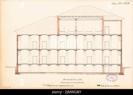 Unbekannter Architekt, Junge Schule in Eilenburg. Monatlicher Wettbewerb Juni 1881 (06,1881): Längsschnitt 1: 100. Tinte und Bleistift, Wasserfarben auf der Schachtel, 27,8 x 41,8 cm (einschließlich Scankanten) N.N. : Knabenschule, Eilenburg. Monatskurrenz Juni 1881 Stockfoto