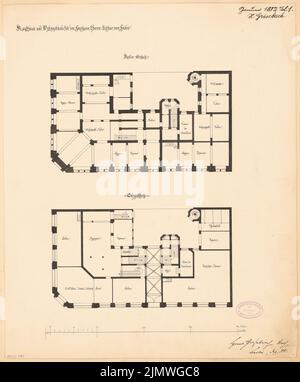 Grisebach Hans (1848-1904), Wohn- und Geschäftshaus für Faber in Berlin. Monatlicher Wettbewerb Januar 1882 (01,1882): Grundriss Keller, EG 1: 150; Maßstab Bar. Tinte auf Karton, 51,4 x 42,6 cm (inklusive Scankanten) Grisebach Hans (1848-1904): Wohn- und Geschäftshaus für die Fa. Faber, Berlin. Monatskurrenz Januar 1882 Stockfoto