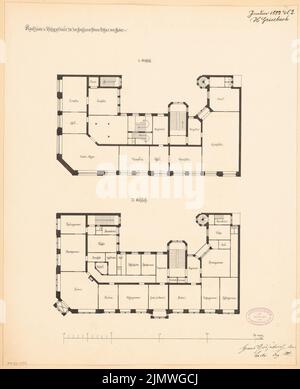 Grisebach Hans (1848-1904), Wohn- und Geschäftshaus für Faber in Berlin. Monatlicher Wettbewerb 1882. Januar (01,1882): Grundriss 1. und 2.. Stock 1: 150; Maßstab bar. Tinte auf Karton, 51,4 x 41,7 cm (inklusive Scankanten) Grisebach Hans (1848-1904): Wohn- und Geschäftshaus für die Fa. Faber, Berlin. Monatskurrenz Januar 1882 Stockfoto