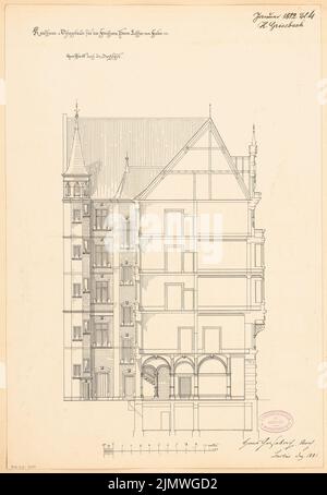 Grisebach Hans (1848-1904), Wohn- und Geschäftshaus für Faber in Berlin. Monatlicher Wettbewerb Januar 1882 (01,1882): Querschnitt 1: 100; Skalenbalken. Tinte auf Karton, 51,7 x 35,7 cm (inklusive Scankanten) Grisebach Hans (1848-1904): Wohn- und Geschäftshaus für die Fa. Faber, Berlin. Monatskurrenz Januar 1882 Stockfoto