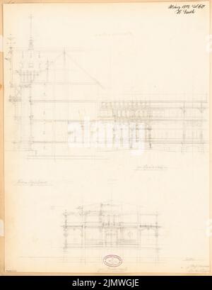 Guth Hermann (1851-1924), Kurhaus und Badeanlage in Hamm. Monatlicher Wettbewerb März 1882 (03,1882): Längs- und Querschnitt durch den großen Speisesaal im Haupthaus 1: 100. Bleistift auf Karton, 57 x 43,9 cm (inklusive Scankanten) Guth Hermann (1851-1924): Kurhaus und Badeanlage, Hamm. Monatskurrenz März 1882 Stockfoto