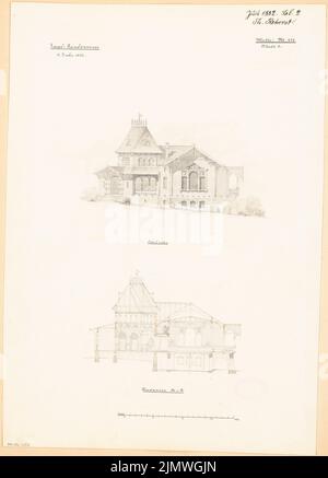 Rehorst Theodor (gest. 1900), Jagdhaus. Monatlicher Wettbewerb Juli 1882 (07,1882): Obere Eingangsseite, Längsschnitt; Maßstabsbalken. Tusche Aquarell auf der Schachtel, 52,3 x 37,6 cm (inklusive Scan-Kanten) Rehorst Theodor (gest. 1900): Jagdhaus. Monatskurrenz Juli 1882 Stockfoto