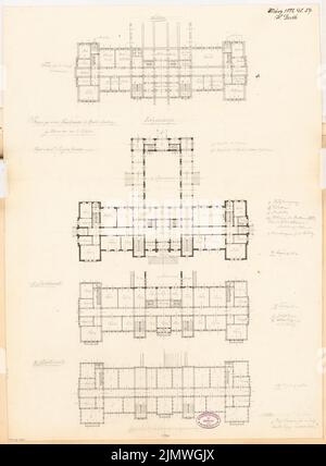 Guth Hermann (1851-1924), Kurhaus und Badeanlage in Hamm. Monatlicher Wettbewerb März 1882 (03,1882): Grundriss Keller, Erdgeschoss, 1.. Und 2.. Etage; Maßstab Bar. Tinte auf Karton, mit Bleistift ergänzt, 69,7 x 51,3 cm (inklusive Scankanten) Guth Hermann (1851-1924): Kurhaus und Badeanlage, Hamm. Monatskurrenz März 1882 Stockfoto