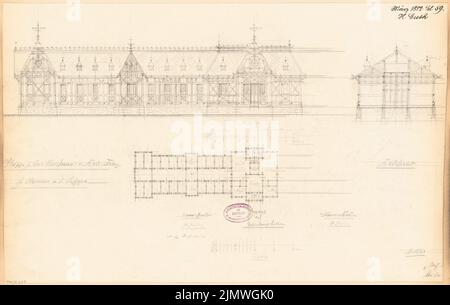 Guth Hermann (1851-1924), Kurhaus und Badeanlage in Hamm. Monatlicher Wettbewerb 1882. März (03,1882): Grundriß, Nebenansicht des Platzes und Querschnitt des Seitenflügels; Streifen im Maßstab 2. Bleistift auf Karton, 36,7 x 58 cm (inklusive Scankanten) Guth Hermann (1851-1924): Kurhaus und Badeanlage, Hamm. Monatskurrenz März 1882 Stockfoto