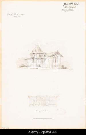 Rehorst Theodor (gest. 1900), Jagdhaus. Monatlicher Wettbewerb Juli 1882 (07,1882): Perspektivansicht, Längsschnitt durch die Halle; Skalenbalken. Tusche Aquarell auf der Schachtel, 49,6 x 33,2 cm (inklusive Scan-Kanten) Rehorst Theodor (gest. 1900): Jagdhaus. Monatskurrenz Juli 1882 Stockfoto