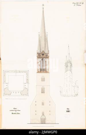 DIMM Ludwig (1849-1928), Erweiterung der Turmspitze der Marienkirche in Berlin. Monatlicher Wettbewerb 1883. März (03,1883): Grundrissplan auf drei Ebenen, Tort View Input View, Perspective View; Scale bar. Tusche Aquarell auf der Schachtel, 80,7 x 53,6 cm (inklusive Scankanten) Dihm Ludwig (1849-1928): Ausbau der Turmspitze der Marienkirche, Berlin. Monatskurrenz März 1883 Stockfoto