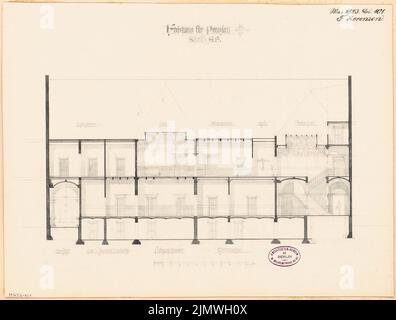 Lorenzen Fernando (1854-1917), Bezirksamt (Bezirkshaus) in Prenzlau. Monatlicher Wettbewerb 1883. Mai (05,1883): Längsschnitt; Skalenbalken. Tusche und Bleistift-Aquarell auf der Schachtel, 35,6 x 47 cm (inklusive Scankanten) Lorenzen Fernando (1854-1917): Landratsamt (Kreishaus), Prenzlau. Monatskurrenz Mai 1883 Stockfoto