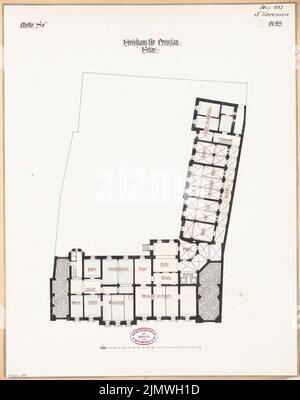 Lorenzen Fernando (1854-1917), Bezirksamt (Bezirkshaus) in Prenzlau. Monatlicher Wettbewerb 1883. Mai (05,1883): Grundriss Keller; Skala bar. Tusche Aquarell auf der Schachtel, 53,8 x 42,4 cm (inklusive Scankanten) Lorenzen Fernando (1854-1917): Landratsamt (Kreishaus), Prenzlau. Monatskurrenz Mai 1883 Stockfoto