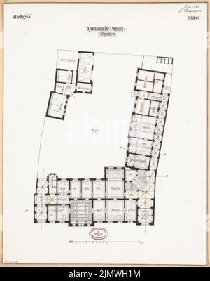 Lorenzen Fernando (1854-1917), Bezirksamt (Bezirkshaus) in Prenzlau. Monatlicher Wettbewerb 1883. Mai (05,1883): Grundriß Erdgeschoss; Skala Bar. Tusche Aquarell auf der Schachtel, 53,7 x 42,4 cm (inklusive Scankanten) Lorenzen Fernando (1854-1917): Landratsamt (Kreishaus), Prenzlau. Monatskurrenz Mai 1883 Stockfoto