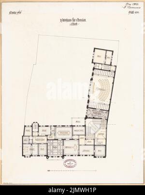 Lorenzen Fernando (1854-1917), Bezirksamt (Bezirkshaus) in Prenzlau. Monatlicher Wettbewerb 1883. Mai (05,1883): Grundriß 1.. Stock; Maßstab bar. Tusche Aquarell auf der Schachtel, 53,5 x 42 cm (inklusive Scankanten) Lorenzen Fernando (1854-1917): Landratsamt (Kreishaus), Prenzlau. Monatskurrenz Mai 1883 Stockfoto